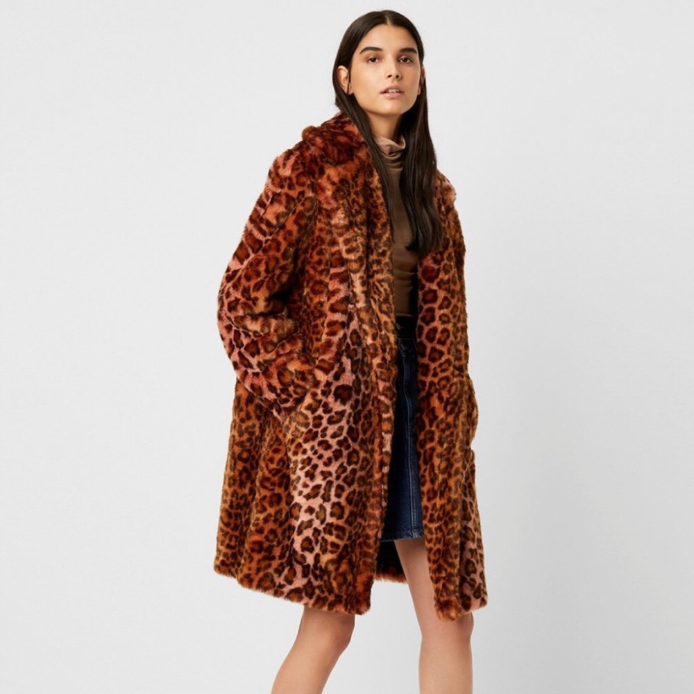 French Connection Leopard Faux Fur Coat, hombre pink, size small